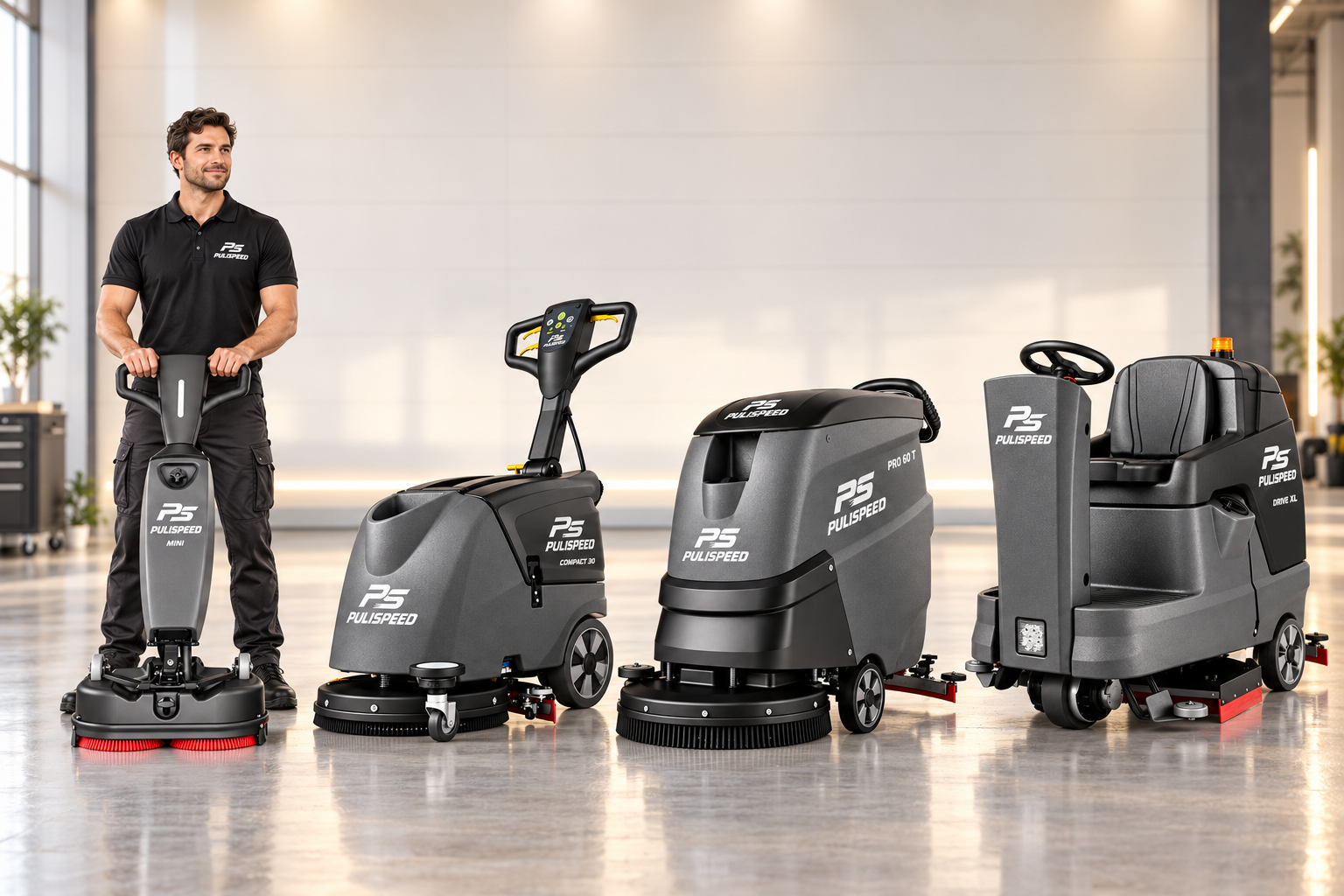 Operatore con MINI e gamma PS PULISPEED: COMPACT 30, PRO 60 T e DRIVE XL
