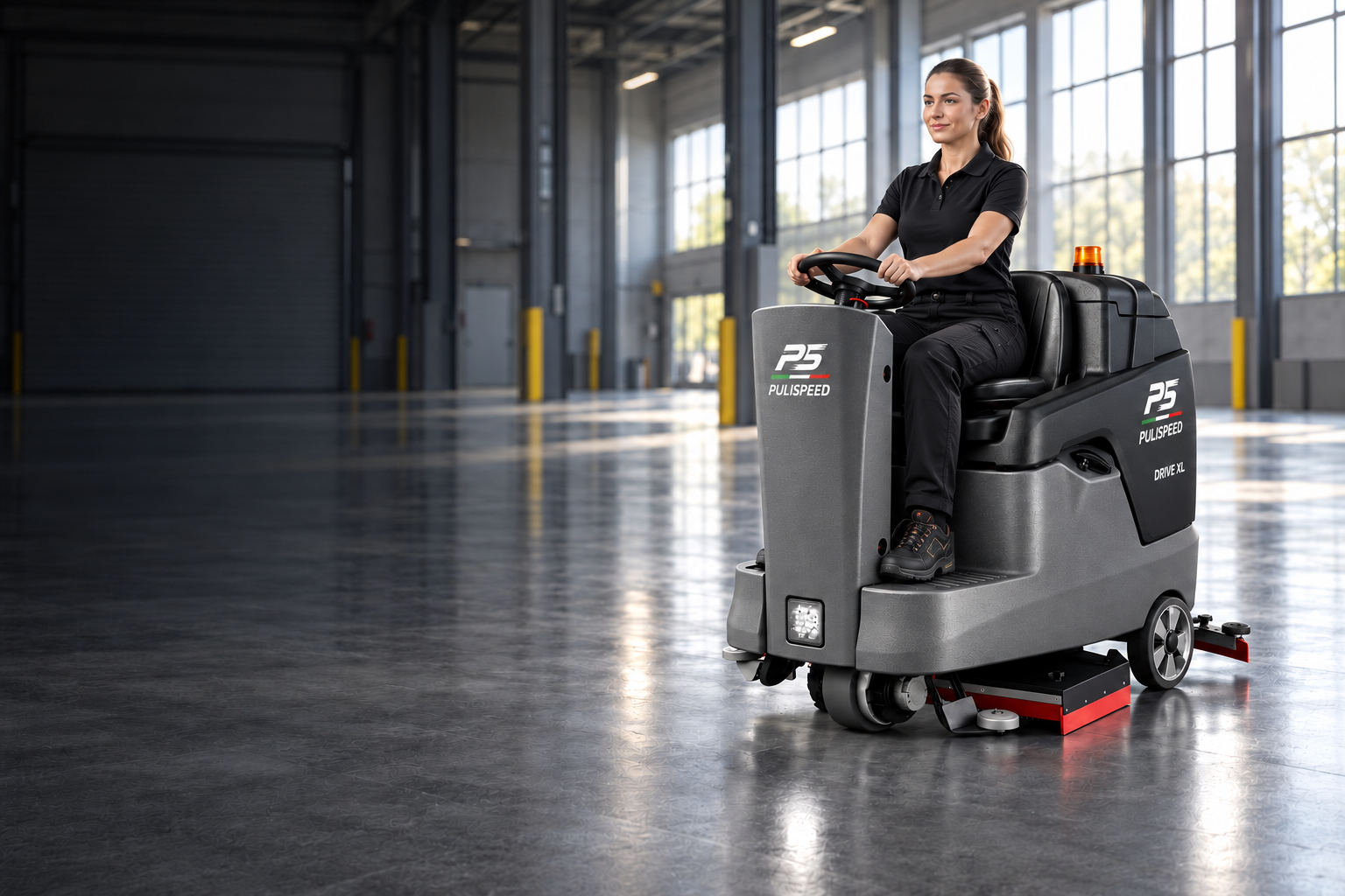 Operatrice alla guida di PULISPEED DRIVE XL in un ambiente industriale — personalizzazione digitale